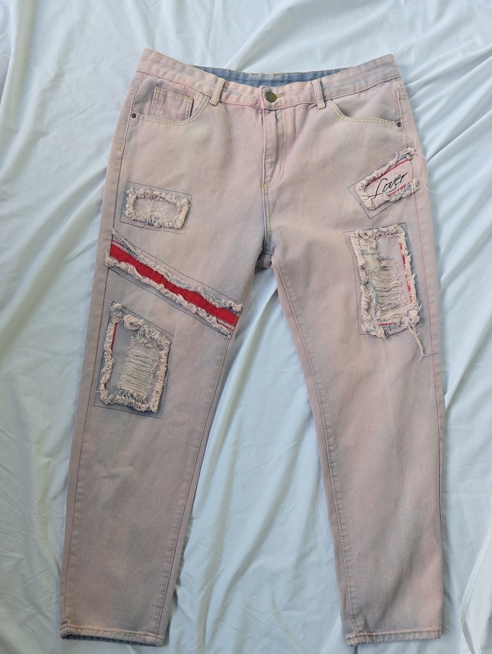 Men's Light Pink Distressed Jeans Embroidered Text & Orange  Fabric On 1 Leg
